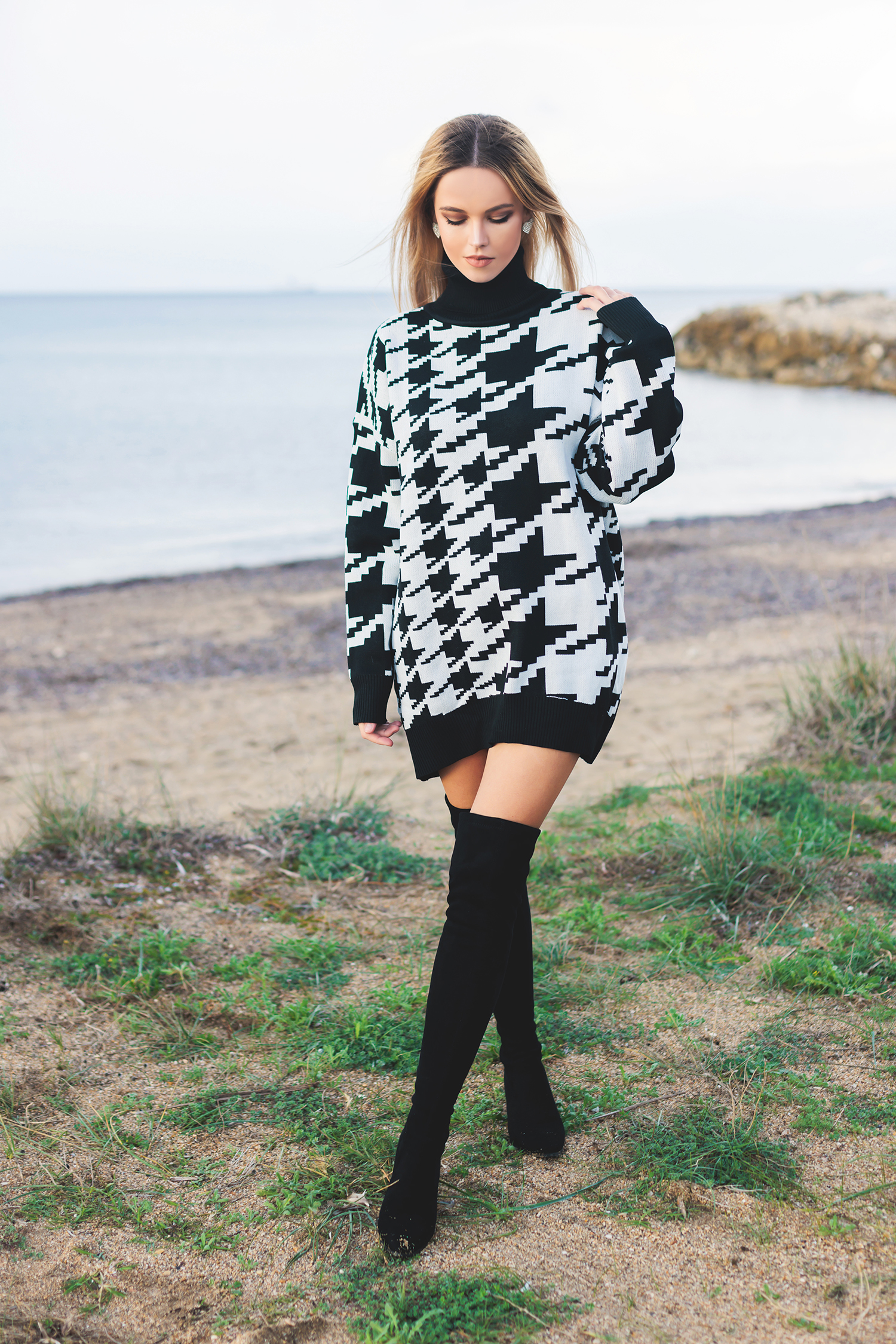 Houndstooth Sweater Dress by Tamara Bellis