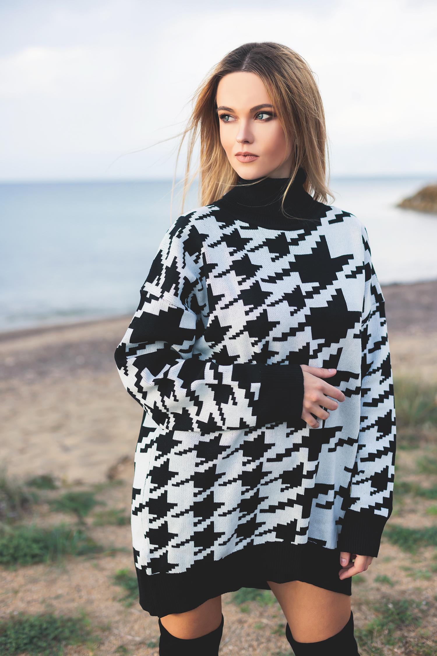 Houndstooth Sweater Dress by Tamara Bellis
